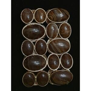 Gold Tone Brown Agate Cabochon Bead Stretch Cuff Bracelet Statement Piece EUC